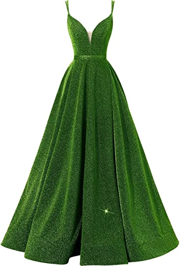 Glitter Spaghetti V-Neck Prom Dresses Long Formal Evening Dress Y871