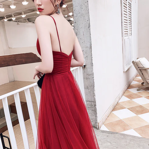 Wine Red Simple Low Back Straps Tulle Prom Dress, Formal Dress Y772