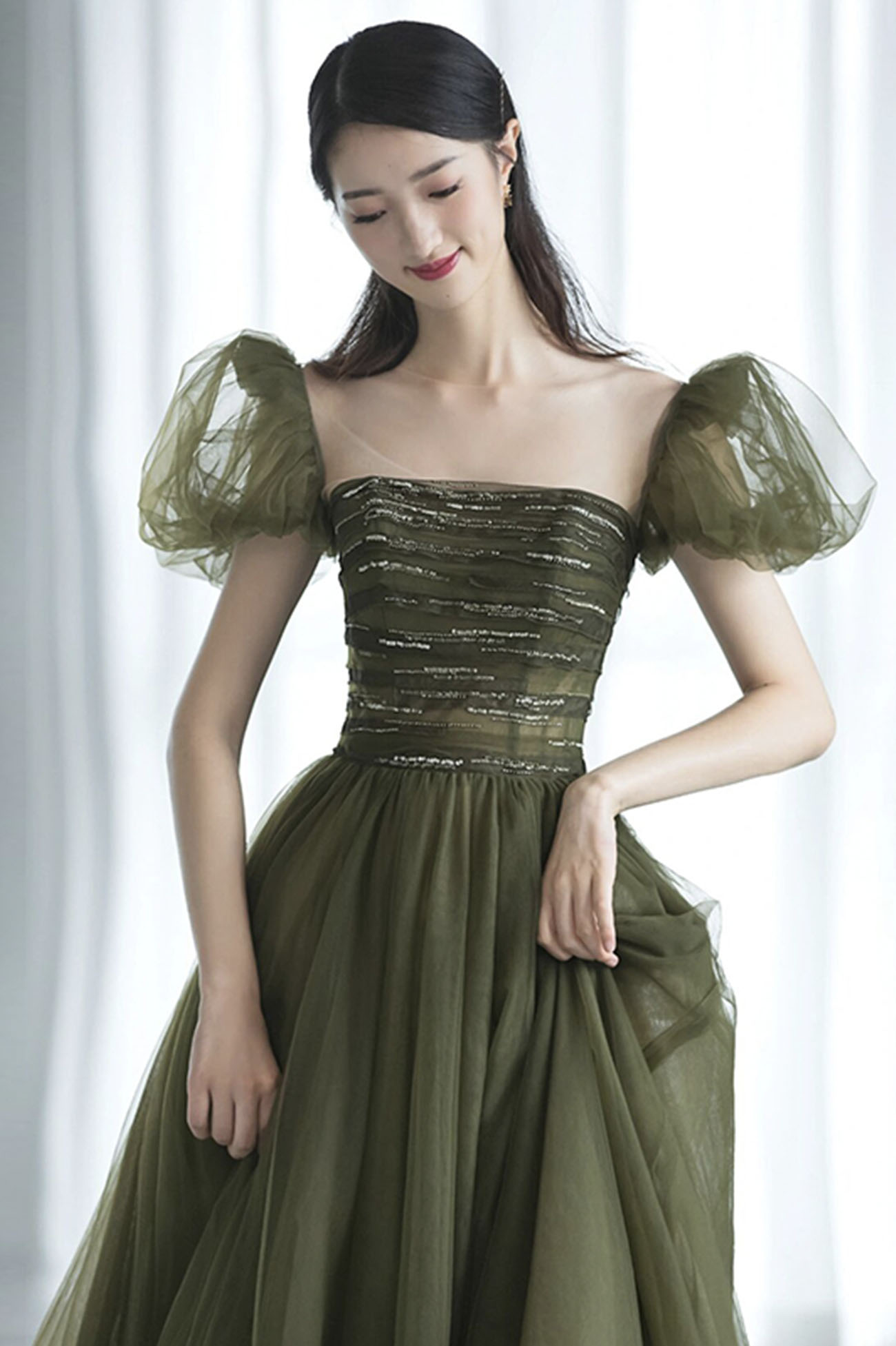 Green tulle long prom dress green evening dress Y623