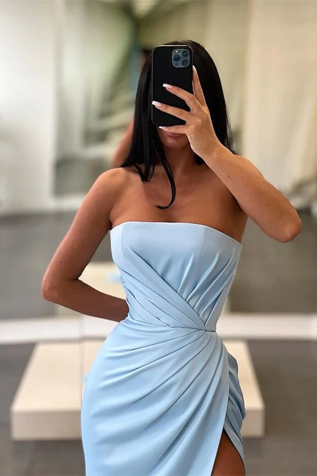 Light Blue Long Mermaid Evening Dress Strapless Split Y370