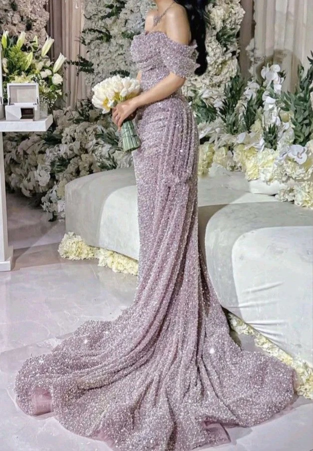 Beautiful Off The Shoulder Wedding Dress Sequin Mermaid Prom Evening Dress Y7630