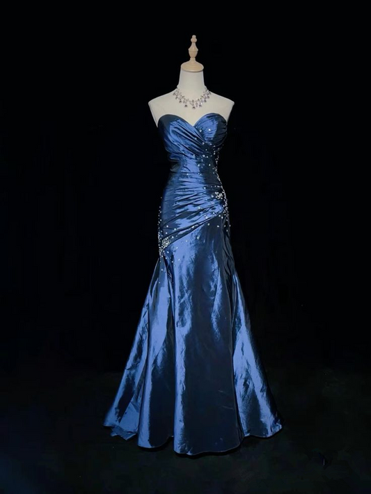 Sexy Strapless Mermaid Beaded Evening Gown Blue Sweetheart Satin Prom Dress Y7928