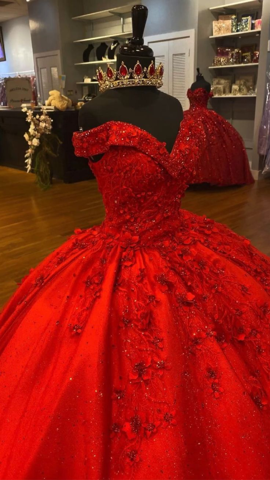 Luxurious Red 3D Flowers Ball Gown,Sweet 16 Dress,Quinceanera Dress  Y5321
