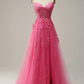A Line Spaghetti Straps Hot Pink Prom Dress With Appliques Y2800