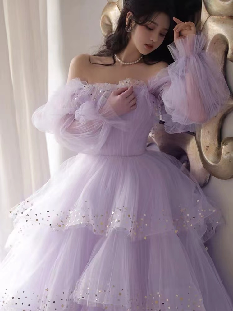 Sparkly Prom Dresses, Purple Prom Dresses, Robes De Cocktail, Off The Shoulder Prom Dresses, Long Sleeve Prom Dresses,Y2408