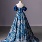 Blue Printed Long A-Line Prom Dress, Blue Off the Shoulder Formal Evening Dress Y4605