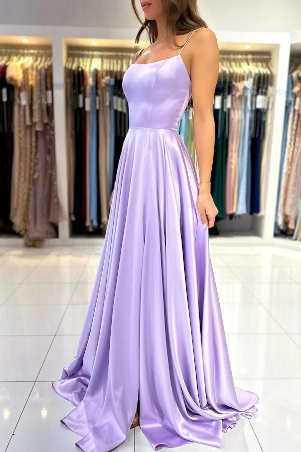 Elegant Lilac Long A-line Spaghetti Straps Lace-Up Satin Prom Dresses Y4888