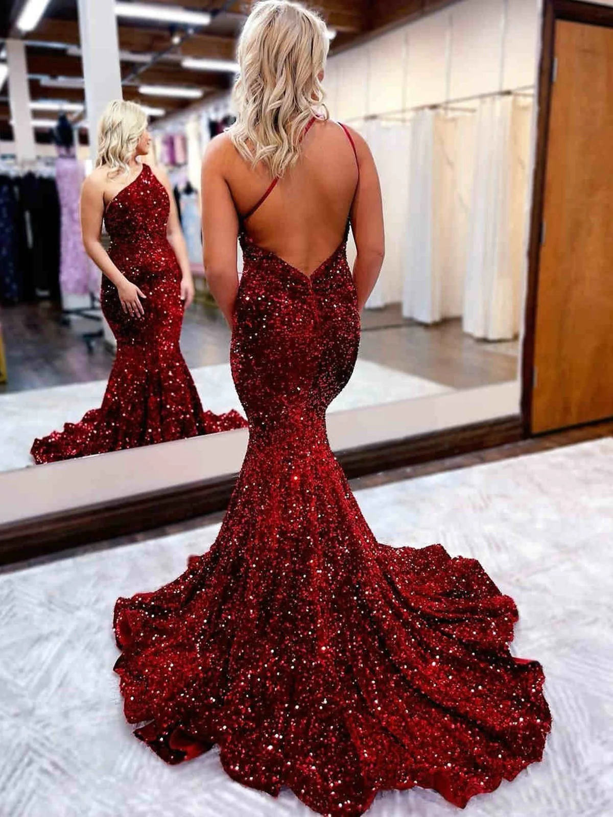 One-Shoulder Red Sequin Backless Mermaid Long Prom Dress Y4400