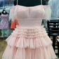 Pleated Hot Pink Cold Sleeves Tiered Tulle Party Dress,Short Homecoming Dress Y1955