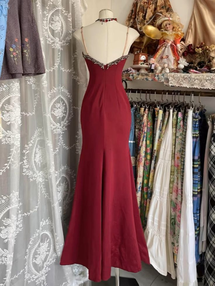 Charming Burgundy Lace Mermaid Evening Dress Straps Prom Dress Y7685