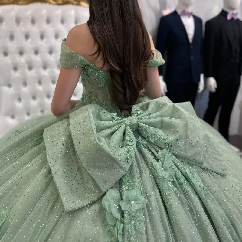 Glittering Sage Green Quinceanera Dress,Tulle Appliques Sequins Crystals Birthday Party Ball Gown With Bow Y8116