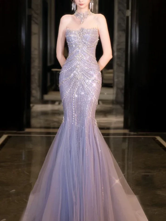 Gorgeous Lilac Tulle Beaded Wedding Prom Dress,Mermaid Evening Dress Y8057