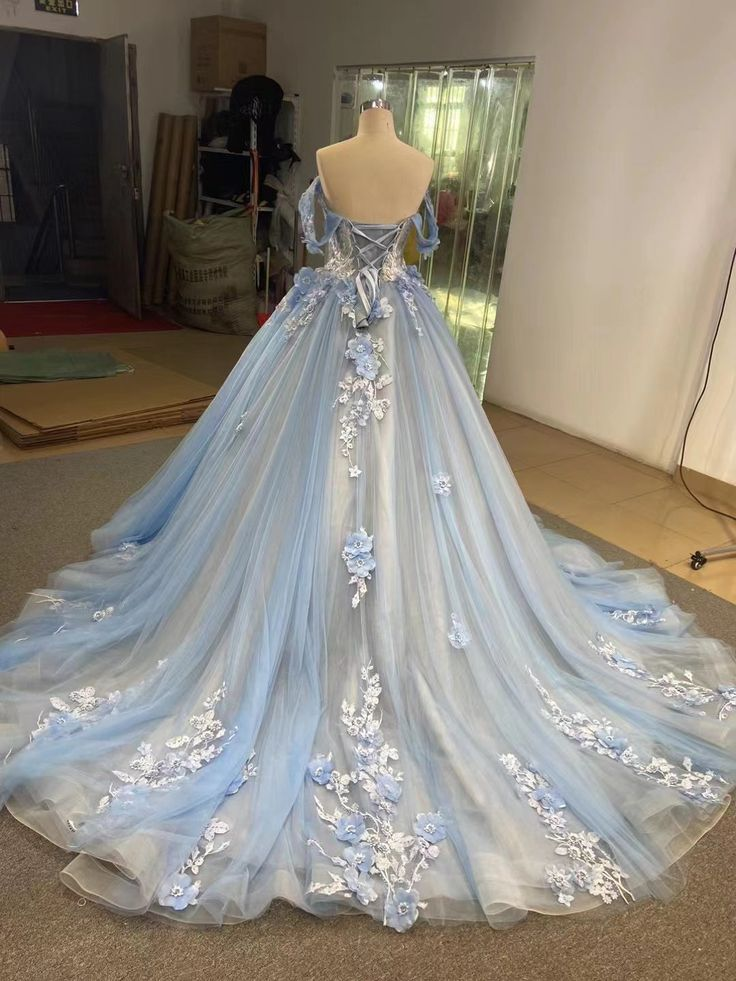 Ball Gown Blue Prom Dresses Lace Tulle Off Shoulder Evening Party Dress Y4561
