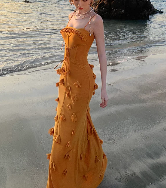 Unique Spaghetti Straps Orange Mermaid Evening Dress Formal Prom Dress Y7999