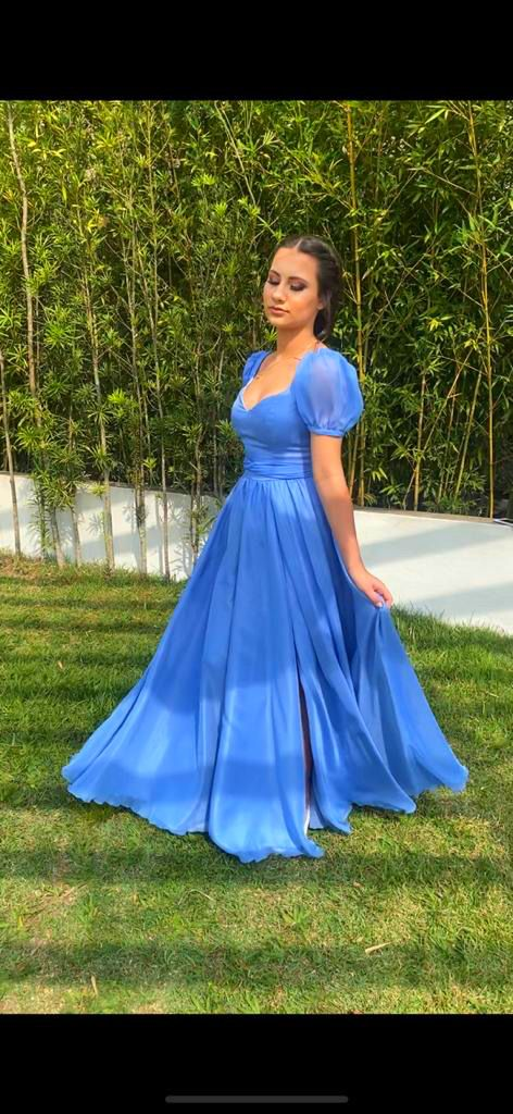 Retro A-line Blue Prom Dress with Puffy Sleeves,Backless Prom Gown Y4300