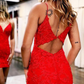 Red Lace Appliques Homecoming Dresses Tight Short Spaghetti Straps Dress for Teens Cocktail Gown ,Y2493