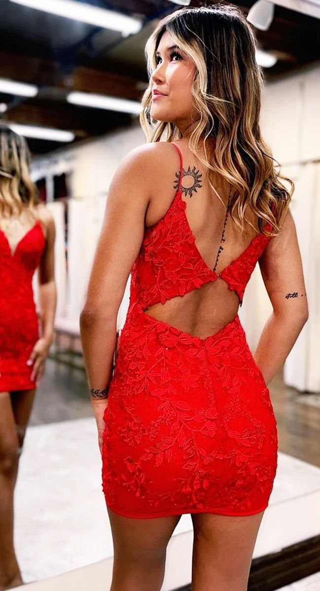 Red Lace Appliques Homecoming Dresses Tight Short Spaghetti Straps Dress for Teens Cocktail Gown ,Y2493