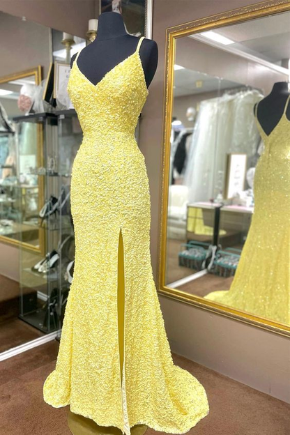 Mermaid Yellow Sequins Long Prom Dress with Slit Y7309