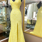 Mermaid Yellow Sequins Long Prom Dress with Slit Y7309