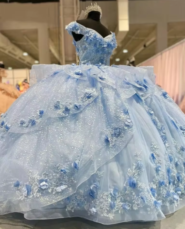 Gorgeous Blue Off The Shoulder Tulle Appliques Ball Gown Birthday Quinceanera Dress Y7835