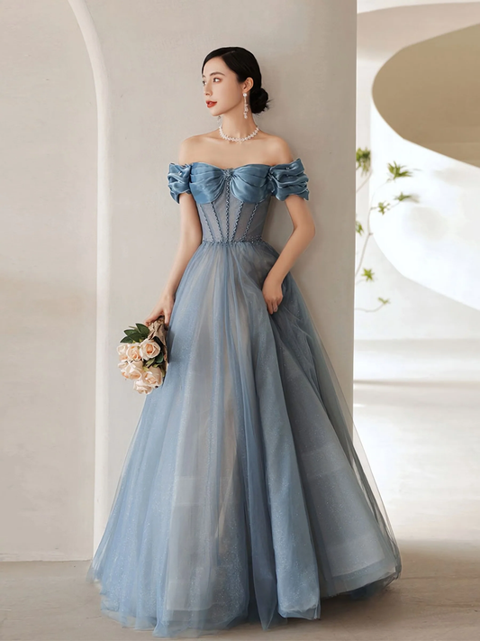 Blue Sweetheart Off Shoulder Tulle Long Prom Dress, Blue Formal Dress Y4255