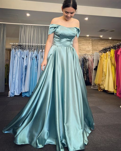 Elegant Turquoise Off-the-Shoulder A-Line Prom Gown Y4795