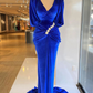 Evening Dresses Dubai V-Neck Short Sleeves Velvet Pleats Appliques Royal Blue Mermaid Formal Prom Party Dress Y4935