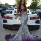 Long Sparkly Prom Dresses Gorgeous Sweetheart Sexy Mermaid Silver and Purple Sequin Black Girls Prom Party Gowns  Y4250