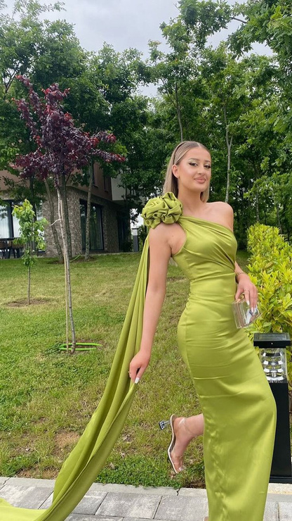 Sexy Sheath Long Party Prom Dress Olive Green One Shoulder Prom Evening Dress Y8009