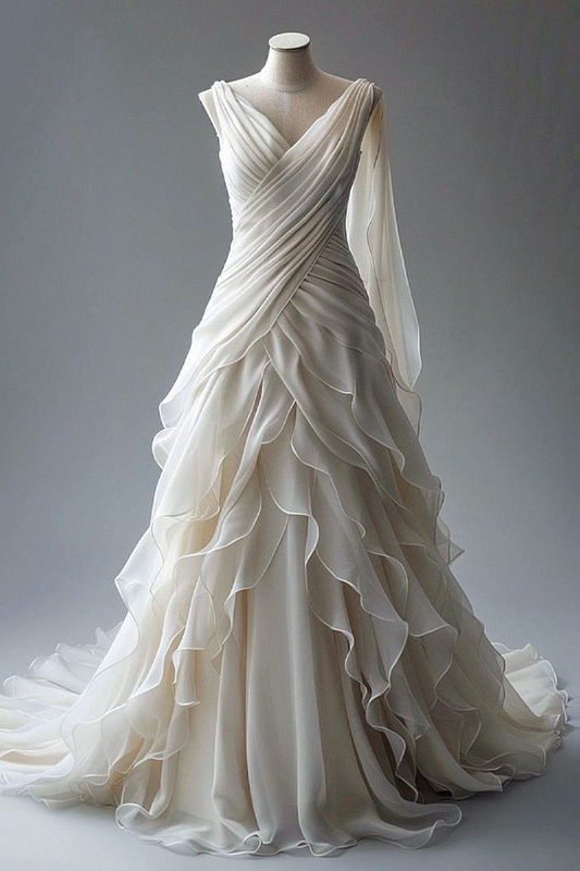 Classy Ivory Chiffon Ruffles Pleated Wedding Dress V Neck Layered Prom Dress Evening Dress Y8000