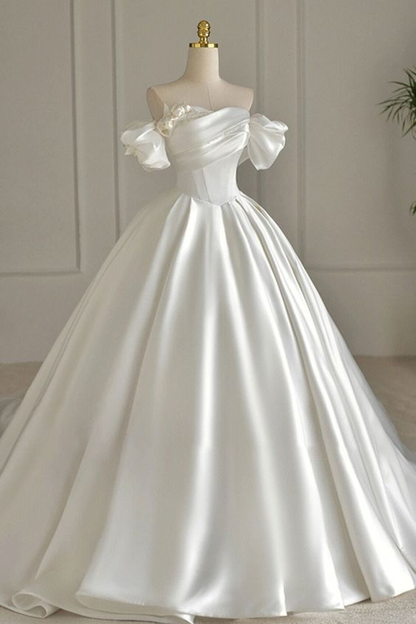 White Satin Beading Strapless Pleated Wedding Dress Y6852