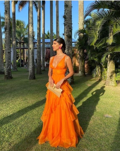 Orange Long Prom Dresses,V Neck Formal Dress Outfits Y2842
