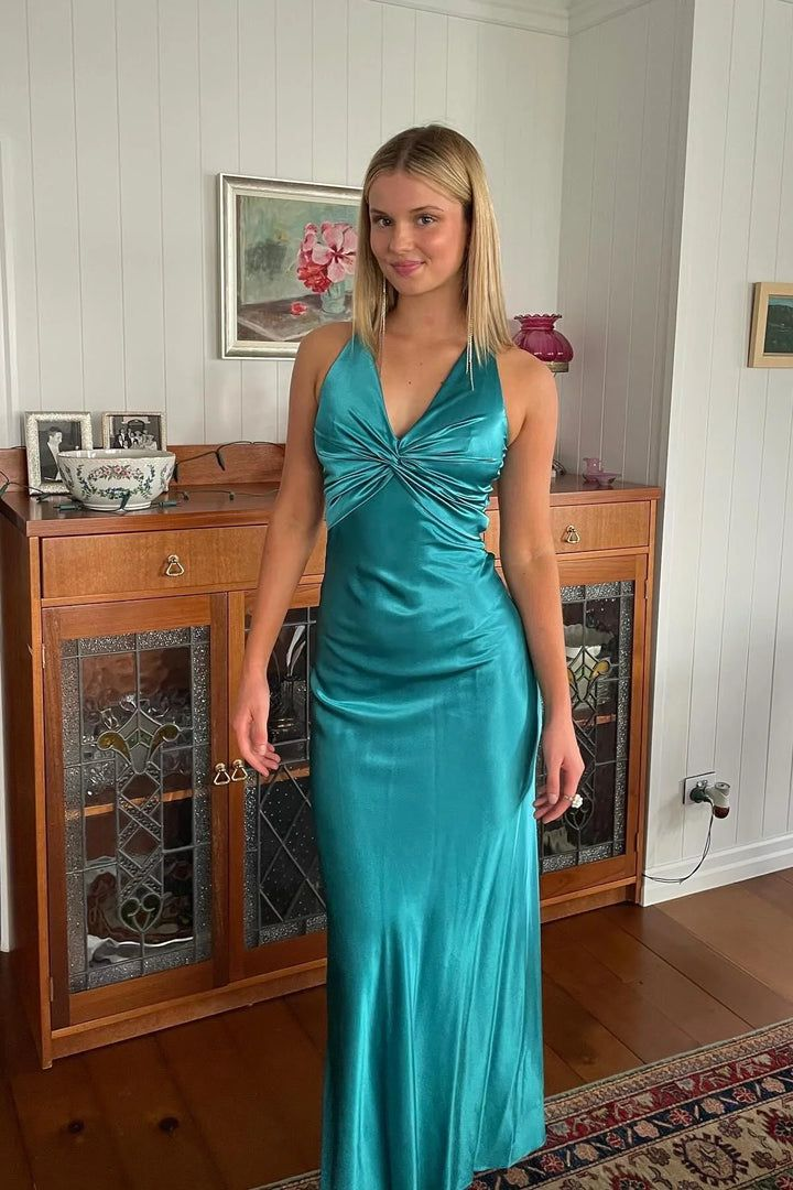 Sexy V Neck Backless Long Prom Dress Green Evening Gown Y7973