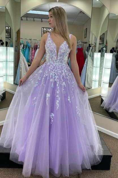 Lilac Tulle A-line V Neckline Backless Applique Long Prom Dress Y6087