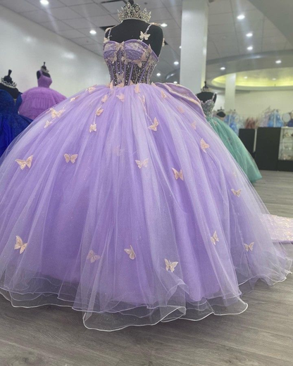 Purple Tulle Ball Gown With Butterflies,Sweet 16 Dress,Purple Princess Dress Y2270