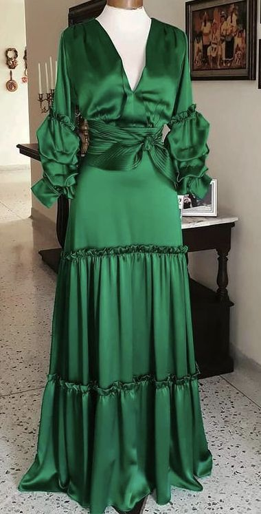 Vintage Emerald Green Long Sleeves Evening Dress,Emerald Green Evening Gown  Y5237