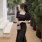 Puff-Sleeve Square-Neck Mermaid Dress,Vintage Black Mermaid Prom Dress Y3039