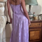 Elegant Purple Print Floral Lace Long Party Dress Evening Gown Y7492