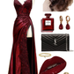 Elegant Burgundy Straps Appliques Mermaid Long Slit Slit Prom Dress  Y7711