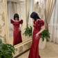 Elegant Red Puff Sleeves Satin Ball Gown Long Prom Evening Dress Y7603