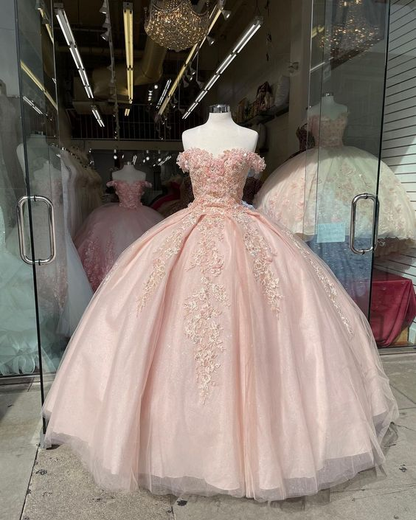 Pink Off Shoulder Lace Appliques Ball Gown Sweet 16 Dress  Y2735
