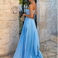 Sexy Blue Halter Spaghetti Strap A-line Long Prom Dress Backless Evening Dress Y8090