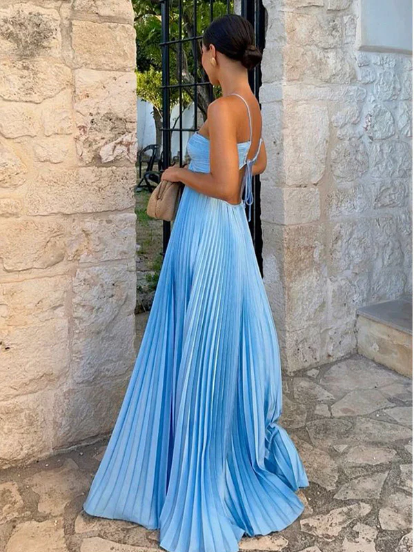 Sexy Blue Halter Spaghetti Strap A-line Long Prom Dress Backless Evening Dress Y8090