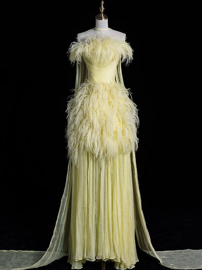 Gorgeous Tulle Feathers Strapless Evening Dress Yellow Formal Evening Gown Y8007