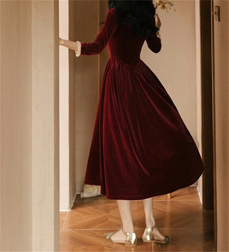 Square Neck Velvet Dress,French Vintage Red Dress,Autumn Winter Long Sleeve Dress,Prom Dress,Fairy Dress Y4715