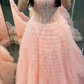 Pink Strapless Ball Gown Prom Dress with Sheer Lace Corset Bodice and Ruffle Skirt Y6688