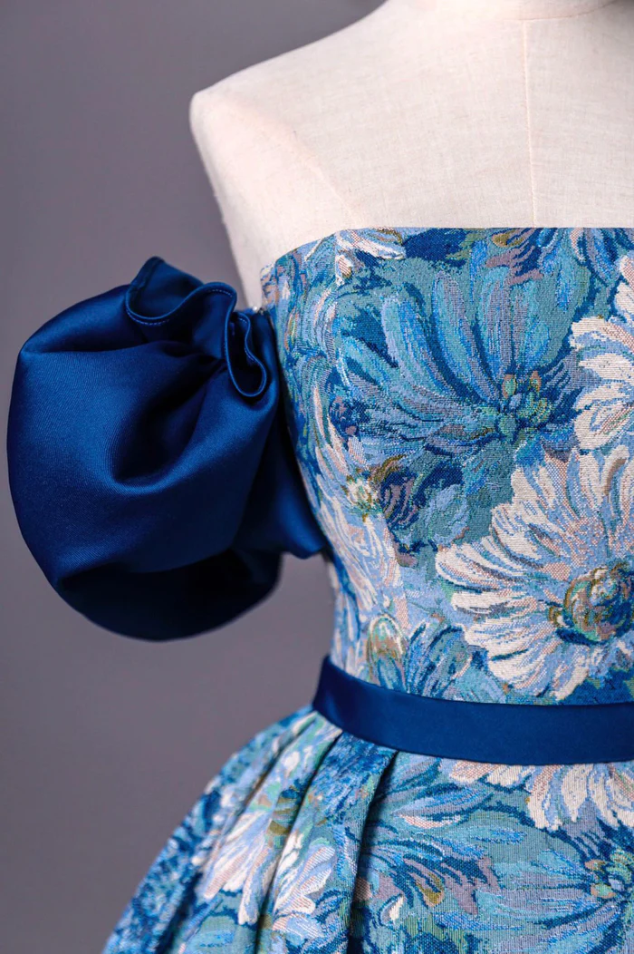 Blue Printed Long A-Line Prom Dress, Blue Off the Shoulder Formal Evening Dress Y4605