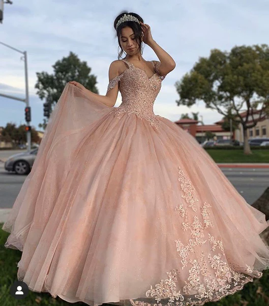 Pink Quinceanera Off Shoulder Lace Appliques Ball Gown Y2734