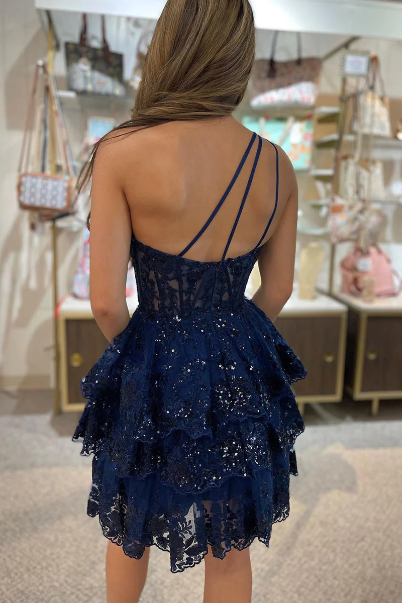 A Line One Shoulder Navy Tiered Lace Short Homecoming Dress Y2820