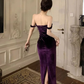 Elegant Velvet Long Sheath Prom Dress Purple Off Shoulder Slit Party Evening Gown Y8131